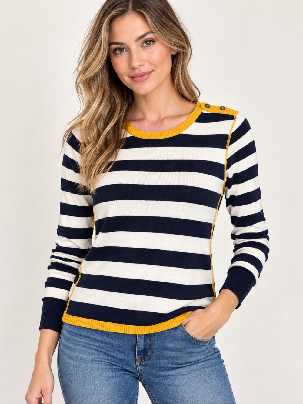 Tommy Hilfiger Women’s Striped Sweater M Navy White Mustard Button Shoulder